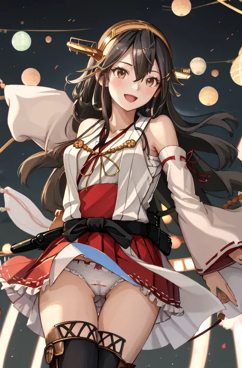 Highest quality, masterpiece, High resolution, 一人in, {Aaron_Kantai Collection:1.15}, black_hair, length_hair, hair_ornament, hairband, brown_eye, hairclip, red面, smile, headgear, chest, Non-traditional_Shrine maiden, hair_between_eye, One Girl, independent...