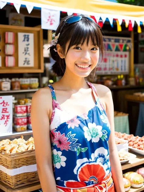 Super cute Japanese girl、Wearing a yukata in front of a summer festival food stall、りんご飴、smile