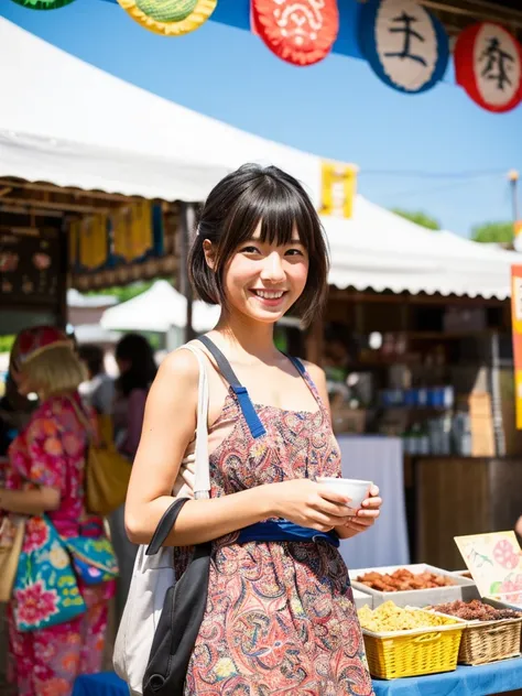 Super cute Japanese girl、Wearing a yukata in front of a summer festival food stall、りんご飴、smile