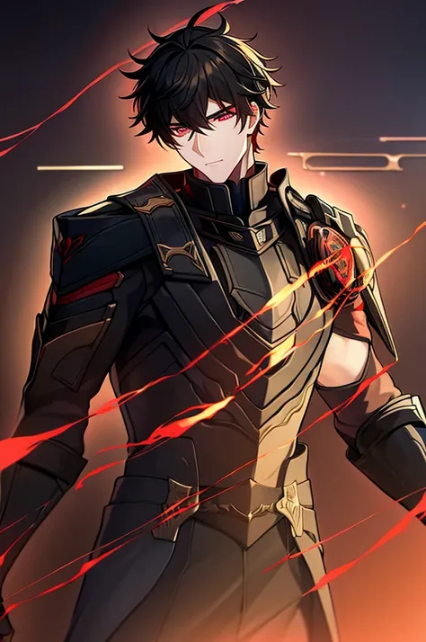 man with black hair, dark eyes and black armor with red details with a black rose. with the face of a handsome man (detailed in ...