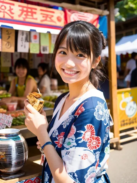 Super cute Japanese girl、Wearing a yukata in front of a summer festival food stall、かき氷、smile