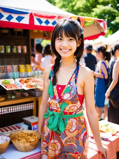 Super cute Japanese girl、Wearing a yukata in front of a summer festival food stall、かき氷、smile