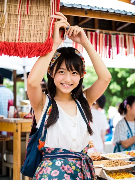 Super cute Japanese girl、Wearing a yukata in front of a summer festival food stall、かき氷、smile