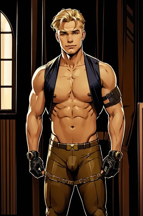 Leyendecker style illustration of a blond Navy SEAL aged 22 with a long penis engages in masturbation and masturbation. Hes wearing a Kevlar body armor, he has a big dick, a boner, an erection