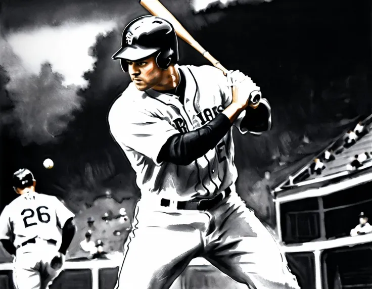 charcoal work of art, ((using only black, white and blu:e1.5)) masterpiece, a baseball player hitting a home run in baseball gam...