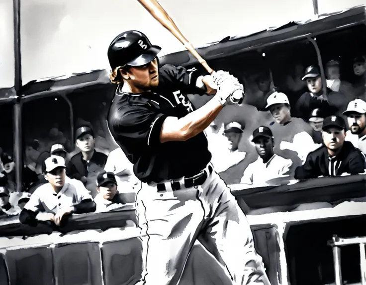 charcoal work of art, ((using only black, white and blu:e1.5)) masterpiece, a baseball player hitting a home run in baseball gam...