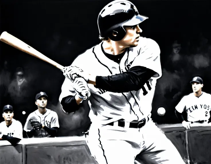 charcoal work of art, ((using only black, white and blu:e1.5)) masterpiece, a baseball player hitting a home run in baseball gam...