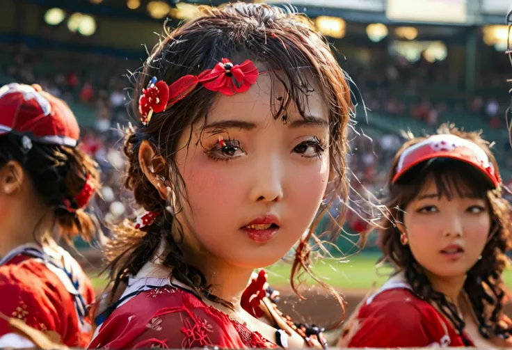 A bunch of rough and dirty japanes women are playing foxy(meaning lingerie uniforms) baseball. packed stadium, focus on pitcher and batter