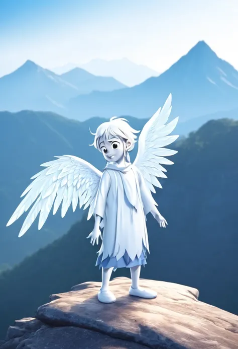 Angel with wing cry character in mountain illustration