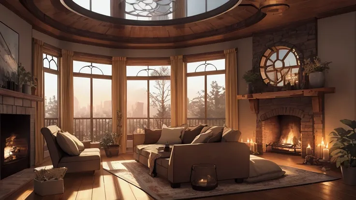 there is a living room with a circular window and a fireplace, cozy place, relaxing concept art, cozy environment, cozy and peaceful atmosphere, comfy ambience, relaxing environment, cosy enchanted scene, cozy atmosphere, cozy room, 8k vray render, designe...