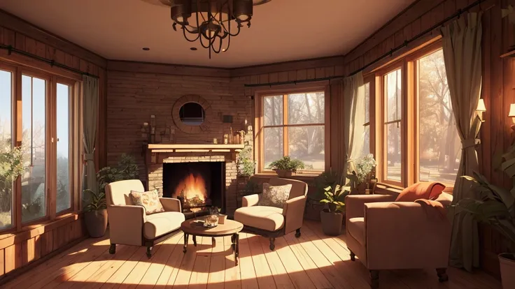 there is a living room with a circular window and a fireplace, cozy place, relaxing concept art, cozy environment, cozy and peaceful atmosphere, comfy ambience, relaxing environment, cosy enchanted scene, cozy atmosphere, cozy room, 8k vray render, designe...