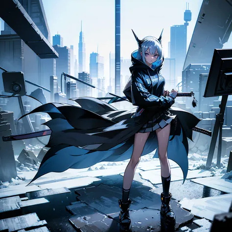 (masterpiece), (best quality), (ultra detailed), (high res 8K), 1 girl, late teenage, standing, contrappost, full body, low angle, hoody, mini-skirt,((katana)), short hair, silver hair, serious, looking away, cityscape in Tokyo, night, rim lighting, high c...