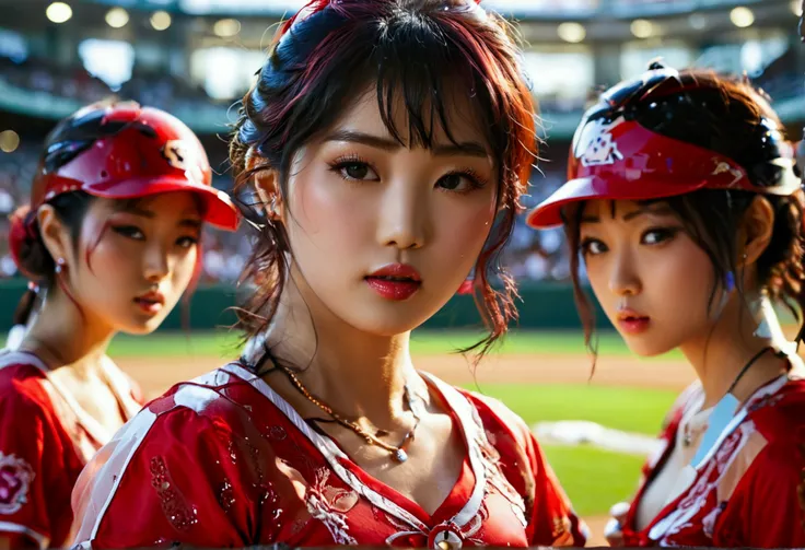 A bunch of very attractive and dirty Japanese women are playing foxy(meaning lingerie uniforms) baseball. packed stadium, focus on pitcher and batter
