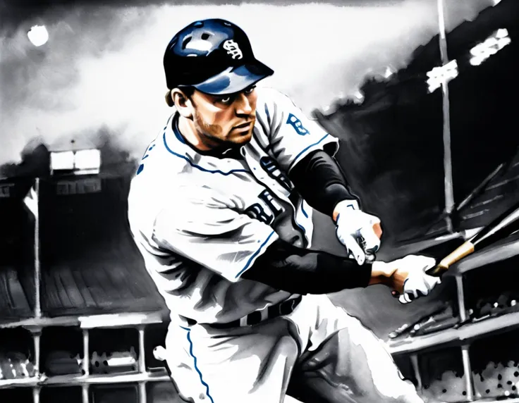 Charcoal work of art, ((using only black, white and blue1.5)) masterpiece, a baseball player hitting a home run in baseball game, highest quality, Best aesthetics), best details, best quality, highres, ultra wide angle, 16k, [ultra detailed], masterpiece, ...