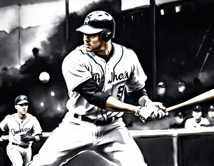 charcoal work of art, ((using only black, white and blue1.5)) masterpiece, a baseball player hitting a home run in baseball game...