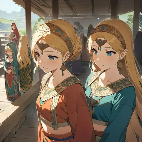 ((Highest quality)), ((masterpiece)), (detailed), （Perfect Face）、The woman is Queen Zelda of the Gerudo tribe, blonde with blue eyes.、The woman is wearing the traditional Gerudo costume and is chatting with other Gerudo women.