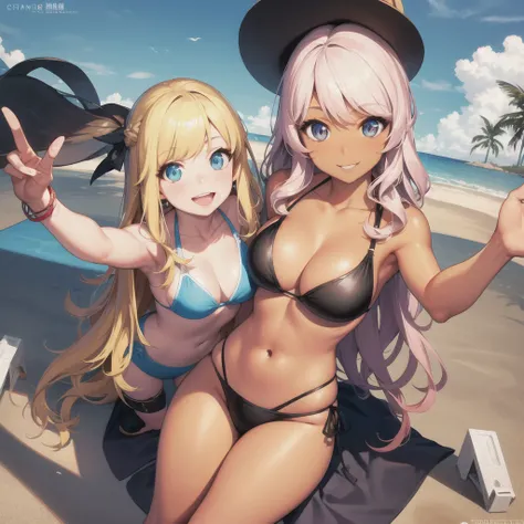 Realistic, 3 beautiful Japanese gals, Selfie, Face Enhancement, Face Zoom, Big smile, Long blonde hair, Wavy Hair, Dark Skin, Beach, bikini, Looking up from below