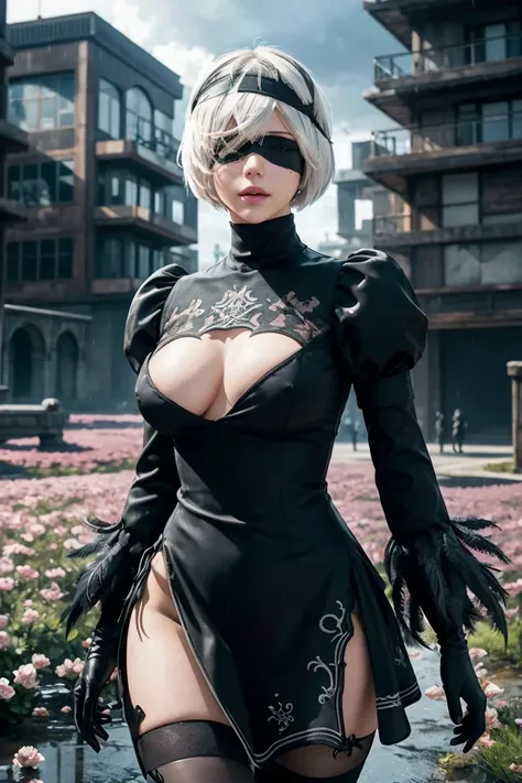 2B Nier Automata,Bobcut, Gray Hair,Long sleeve, Juliet Sleeve, White gloves, turtleneck, bangs, Feather ornament, Feather ornament sleeves, Blindfold, Black Goth Dress,Japanese Ultra HD,super high quality,masterpiece,Digital SLR,Photorealistic,Detailed det...