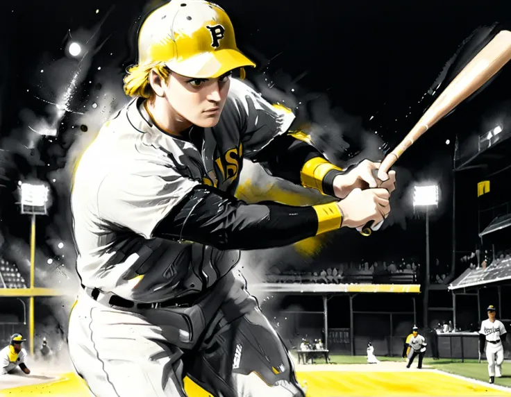 charcoal work of art, ((using only black, white and yellow1.5)) masterpiece, a ((baseball player: 1.5)),  hitting a home run in ...