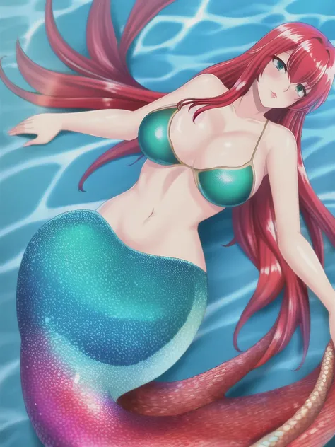 The mermaid swim underwater sea , red lips, red hair, mermaid tail below waistline, eel mermaid tail, 