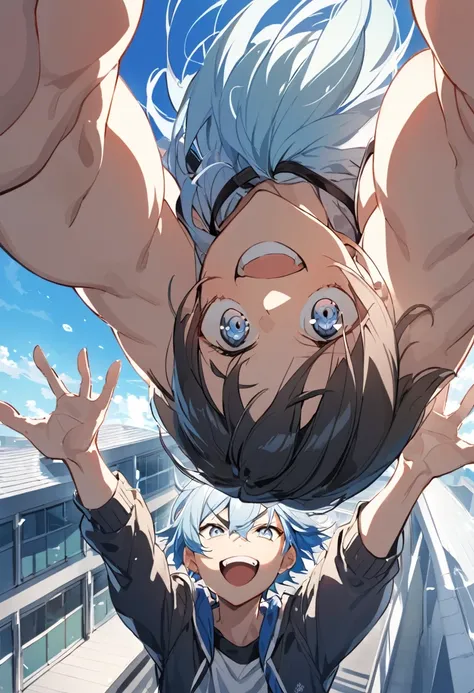 Light blue hair, high school boy, silver eyes, black eyebrows, school rooftop, arms outstretched, smiling and shouting into the blue sky