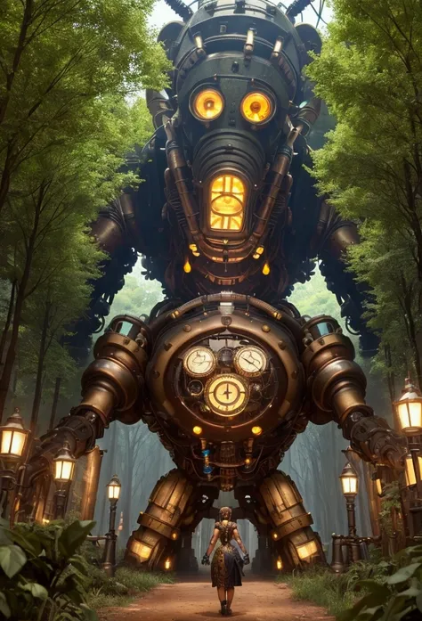 "Ultra-realistic scene of a mechanical golem and a beautiful girl, five huge golems, the girl interacting with the golem, steampunk aesthetic, vibrant details. A striking contrast between a sprawling metropolis and a lush forest."