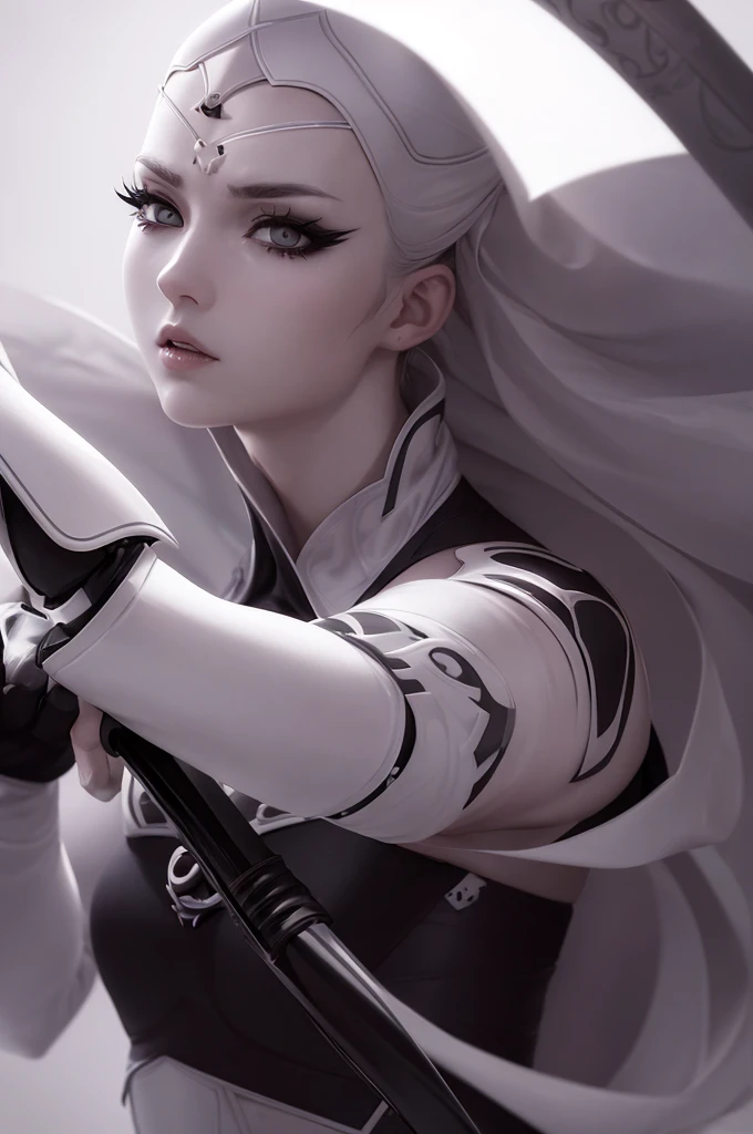 A blind female ninja, white outfit, completely white eyes, beautiful detailed eyes, beautiful detailed lips, extremely detailed face and features, long eyelashes, porcelain skin, graceful pose, katana sword, dark mysterious background, dramatic lighting, c...