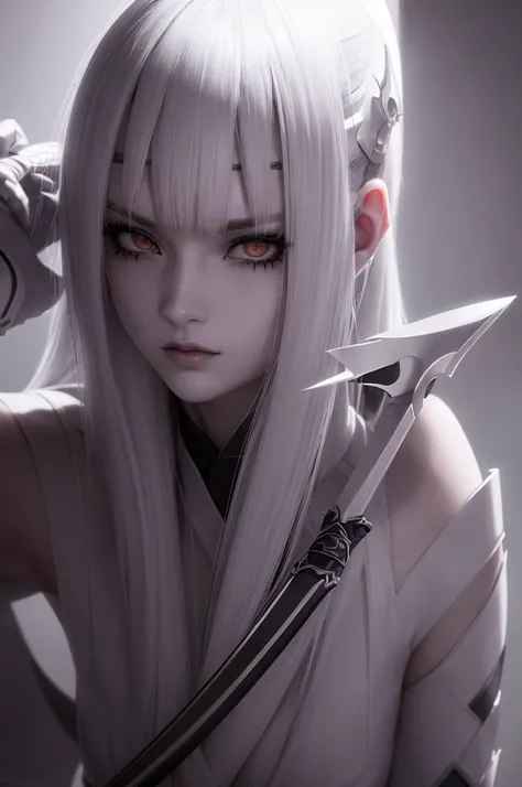 A blind female ninja, white outfit, completely white eyes, beautiful detailed eyes, beautiful detailed lips, extremely detailed face and features, long eyelashes, porcelain skin, graceful pose, katana sword, dark mysterious background, dramatic lighting, c...