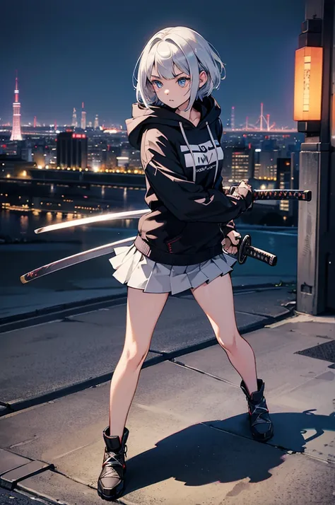 (masterpiece), (best quality), (ultra detailed), (high res 8K), 1 girl, late teenage, standing, contrappost, full body, low angle, hoody, mini-skirt,((katana)), short hair, silver hair, serious, looking away, cityscape in Tokyo, night, rim lighting, high c...