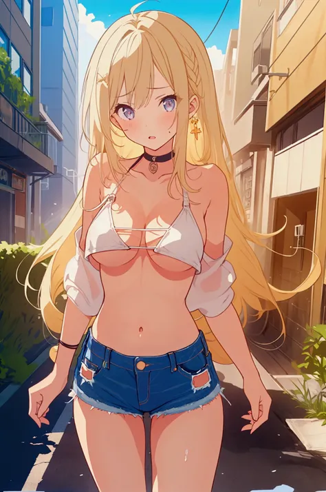 girl，Young，、teenager、（masterpiece，Highest quality），Street、Completely naked，Bare shoulders、Gal、Blonde、passionate、long hair、(Underboob)，(Big Breasts)，Cleavage，(stomach)，Black mini bikini、looking at the camera、barefoot、damageジーンズ、damage(Very short denim short...