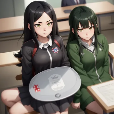 Screenshot of my hero academia.
Black hair girl with long green, He has gray eyes and has a serious expression. She is wearing the UA uniform and in the background she has a UA school class and she is sitting at a table 