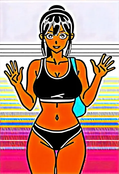 human, ((1girls)), 18 years old, beautiful, ponytail, brown hair, black eyes, Black Yoga sports bra very short, Z cup breasts, ((brown skin)), fair body, 1m78, deserted, ((Takeda Hiromitsu style)), holding a small backpack, waving hello, 