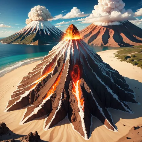 Draw an erupting volcano on the island