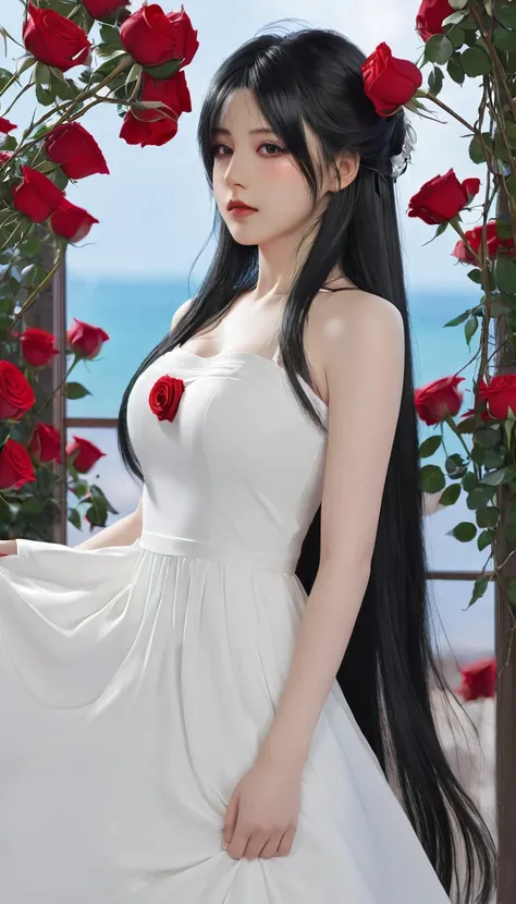 Anime girl with long black hair and white dress with red roses, Gu Weiss, Gu Weiss on pixiv artstation, Detailed digital anime art, Beautiful anime girl, Gu Weiss on artstation pixiv, Anime style 4k, guys, Beautiful anime portrait, Detailed portrait of ani...