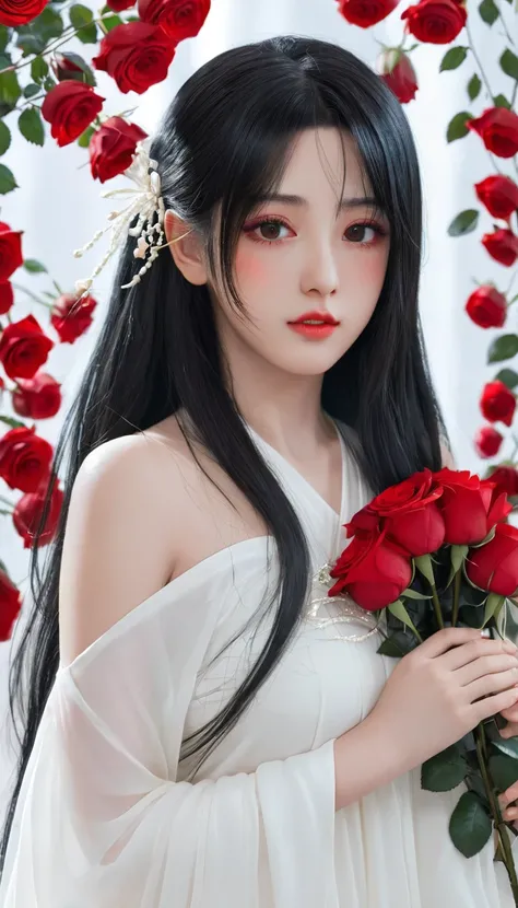 Anime girl with long black hair and white dress with red roses, Gu Weiss, Gu Weiss on pixiv artstation, Detailed digital anime art, Beautiful anime girl, Gu Weiss on artstation pixiv, Anime style 4k, guys, Beautiful anime portrait, Detailed portrait of ani...