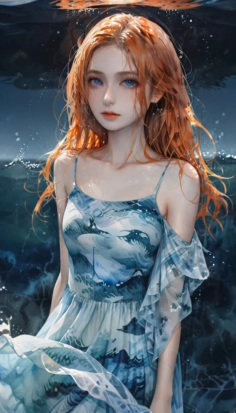 (masterpiece, best quality), ((1 Girl, Solitary, Long hair)), Ismail_edge, Expressing Innocence, bare arm, Bare shoulders, bare neck, watercolor, Sundress, Liquid Clothes, water, wave, water dress, blue_theme, night, mist, dark, Clear focus, Ocean, See-thr...