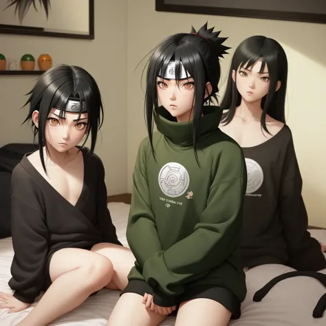 naruto screenshot.
Black hair girl with long green, He has gray eyes and has a serious expression. She is wearing a black sweatshirt and panties and in the background she has a room and she is sitting on the bed 