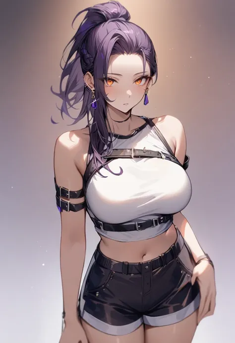 masterpiece, best quality, 1girl, solo, adult, dark purple hair, long hair, hair tied back, earrings, orange eyes, detailed face, white crop top, large breasts, shorts, arm belt, infront of viewer, empty look, 