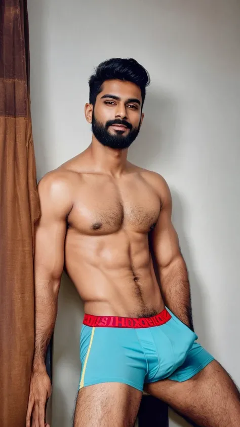 A sexy indian adult male model wearing boxer underwear, posing for photo shoot, best quality photo, masterpiece, (handsome face) , detailed features, homoerotic , short beard , crotch bulge 