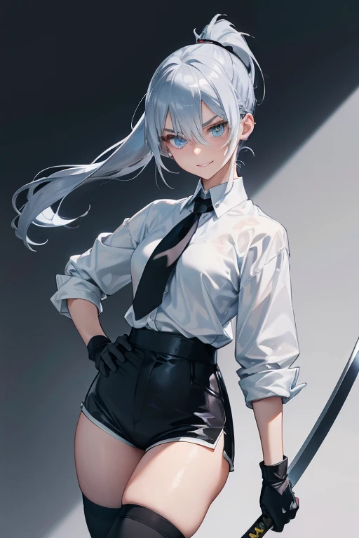 Adult features　tall　Light blue eyes　Gray Hair　ponytail　Slit eyes　laugh at　Glare　frivolous attitude　Evil Face　White shirt　Black hot pants　Black long gloves　Black knee socks　grassland　Place your right hand on your hip　Carrying a Japan sword on your shoulder　...