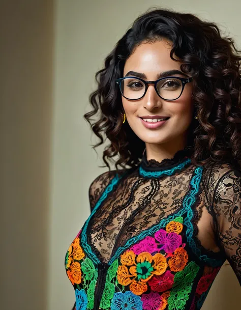 ((Masterpiece)), ((highest resolution)), a beautiful Pakistani woman, ((detailed skin texture)), freckles, ((high detail face)), glasses, no makeup, black curly hair, seductive smile, (partially transparent (colourful) lacy high detail plunging bodycon bod...