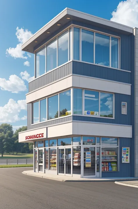 A front horizontal view of small convenience store, blue sky, grey roads, glass window, 4k resolution.