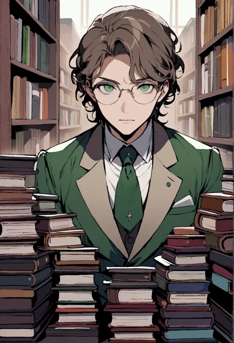 A beautiful and elegant man with gray brown hair, dark green eyes and round glasses wearing a suit in front of a bookshelf with many books looks at the camera from the front.