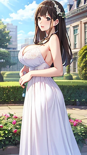 (masterpiece, Highest quality, Absil Dress, Game CG, figure), One girl, alone, mayu kuroe, Beautiful attention to detail, Are standing, city, garden, Wedding dress, jewelry, necklace,Big breasts, black hair, long hair