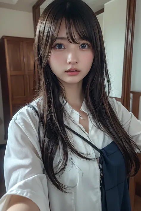 (8K、RAW Photos、Highest quality、masterpiece:1.2)、(Realistic、Photorealistic)、(wallpaper）、、One Girl、alone、23 years old、（Perfect Eyes）、Perfect hands、Perfect Proportions、Highly detailed face、Highly detailed skins、Very white skin、(Selfie style)、（indoor）Through t...