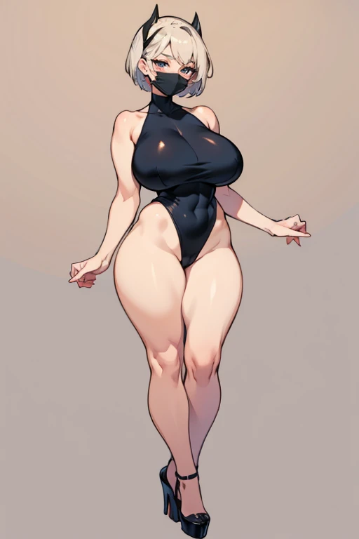 very wide hips)), (huge thighs, very big thighs), big breast, young girl, Pullover, whole body to see, lace short hair, big thighs, big breast, platform heels , thin waist, fullbody, standing, front pose, high cut leotard, sleveless, shoulderless, rígid fa...