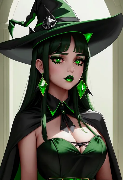 Witch teen, cute young face, emerald green eyes, long black hair with straight bangs, voluptuous ass, dark lipstick, outfit(black high-waisted a-line mini skirt with emerald green line running across just above hem of skirt; cropped black little cape with ...