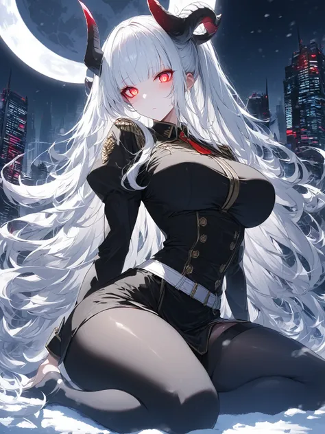 Masterpiece, very detailed, ultra detailed, one, (1 woman), she is in an ancient black military uniform, and in an elegant position, long hair, bright white hair, snow-white hair and straight bangs, white demonic horns, beautiful, charming, bright red eyes...