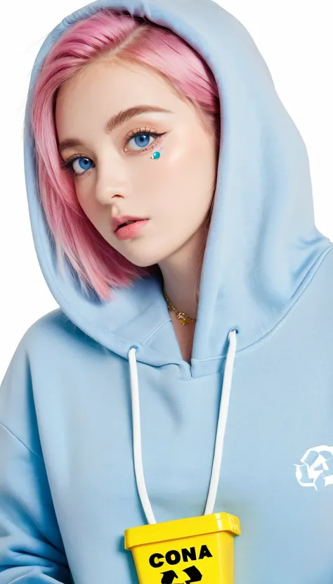 Mika Picazzo, 1 Girl, blue eyes, blue hoodie, computer, earrings, hood, hoodie, Jewelry, keyboard (computer), Logo, Logo parody, mouse (), Colorful eyes, Pink Hair, Recycle Bin, Solitary, White background, Yellow eyes, , 