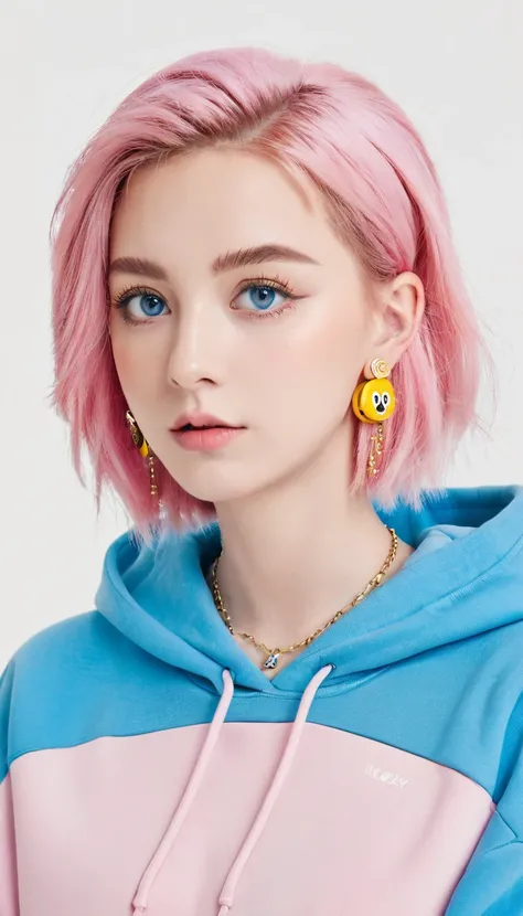 Mika Picazzo, 1 Girl, blue eyes, blue hoodie, computer, earrings, hood, hoodie, Jewelry, keyboard (computer), Logo, Logo parody, mouse (), Colorful eyes, Pink Hair, Recycle Bin, Solitary, White background, Yellow eyes, , 